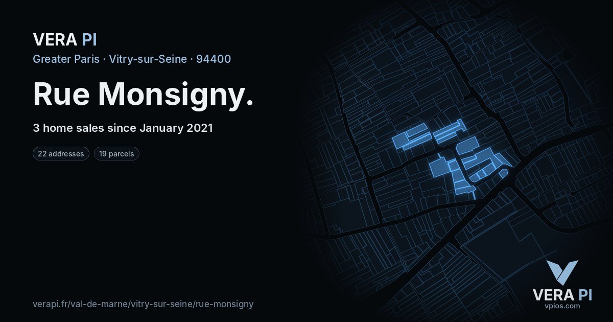 Rue Monsigny, Vitry-sur-Seine at night – every parcel coloured by the prices around it, the street's own parcels lit