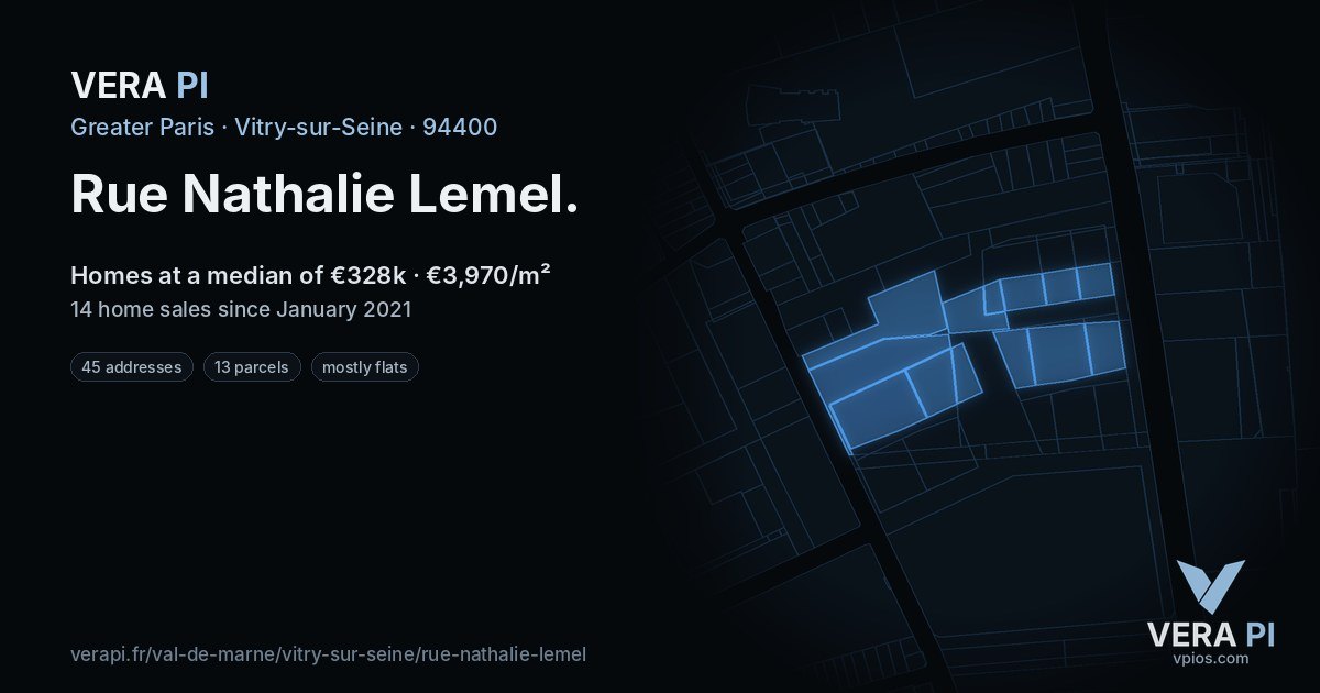 Rue Nathalie Lemel, Vitry-sur-Seine at night – every parcel coloured by the prices around it, the street's own parcels lit