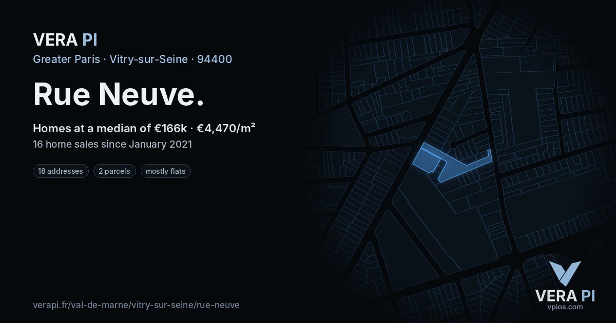 Rue Neuve, Vitry-sur-Seine at night – every parcel coloured by the prices around it, the street's own parcels lit
