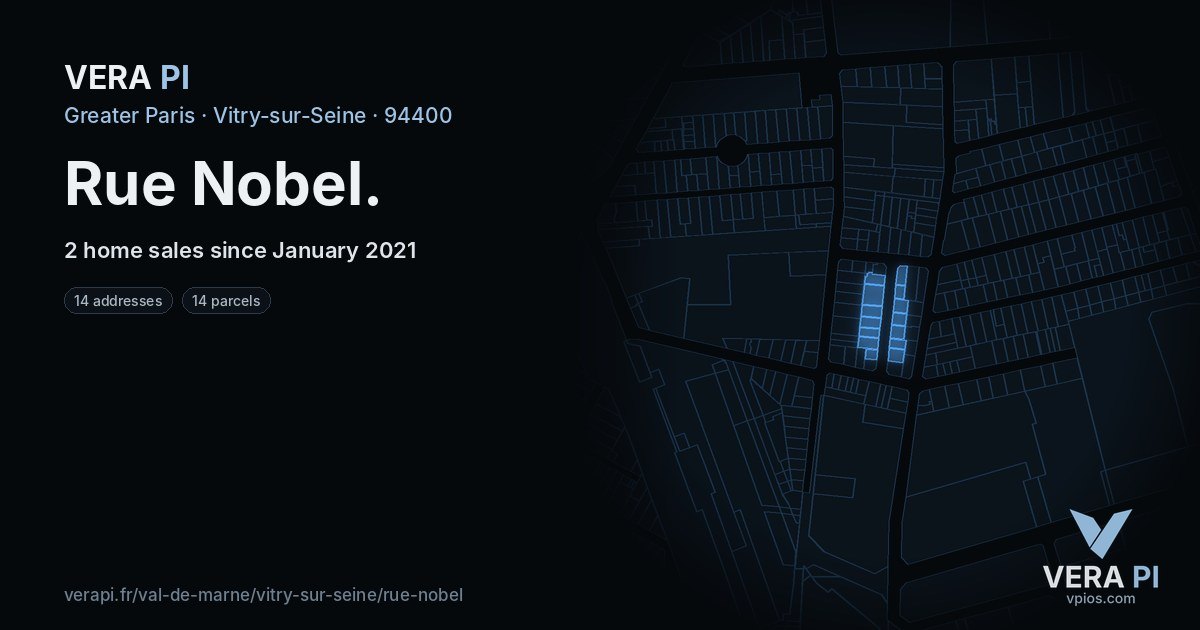 Rue Nobel, Vitry-sur-Seine at night – every parcel coloured by the prices around it, the street's own parcels lit