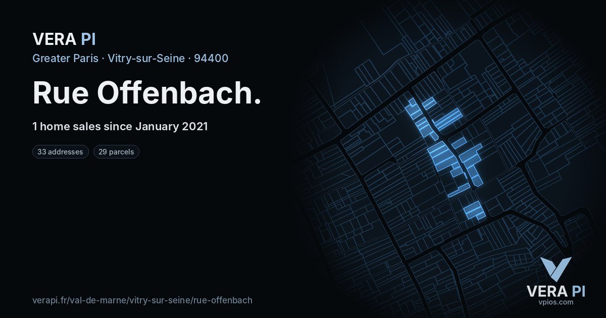 Rue Offenbach, Vitry-sur-Seine at night – every parcel coloured by the prices around it, the street's own parcels lit