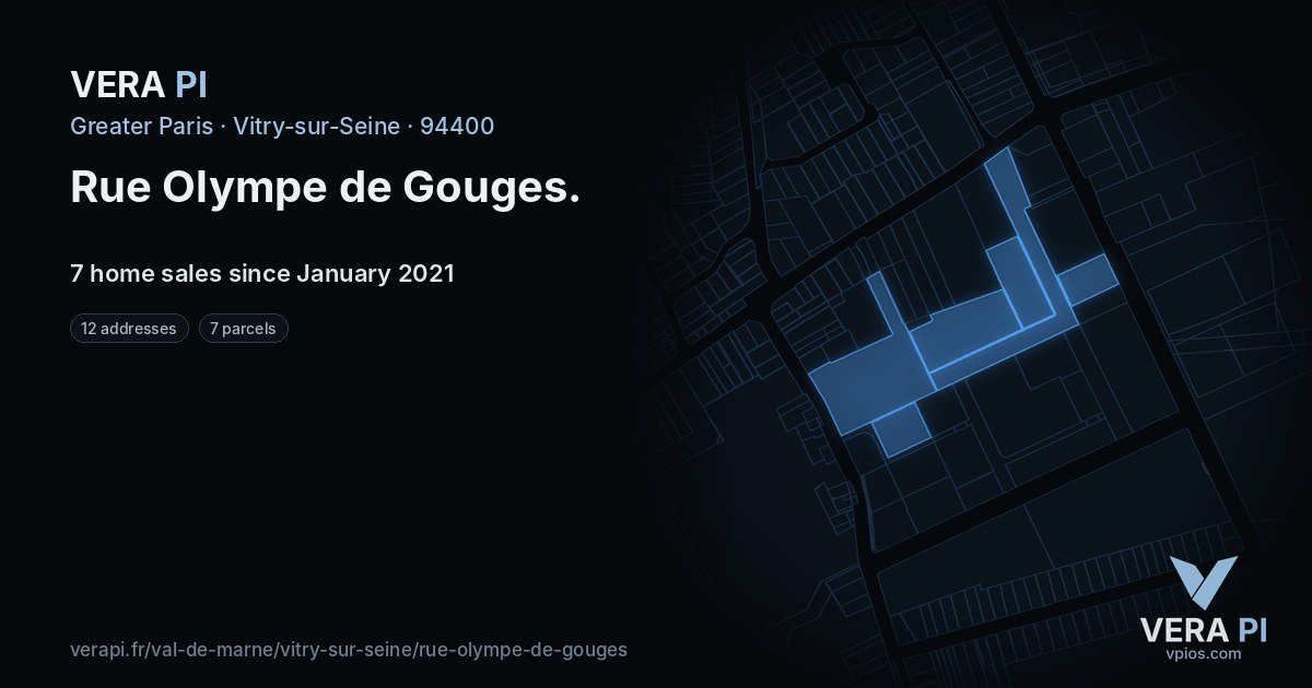 Rue Olympe de Gouges, Vitry-sur-Seine at night – every parcel coloured by the prices around it, the street's own parcels lit