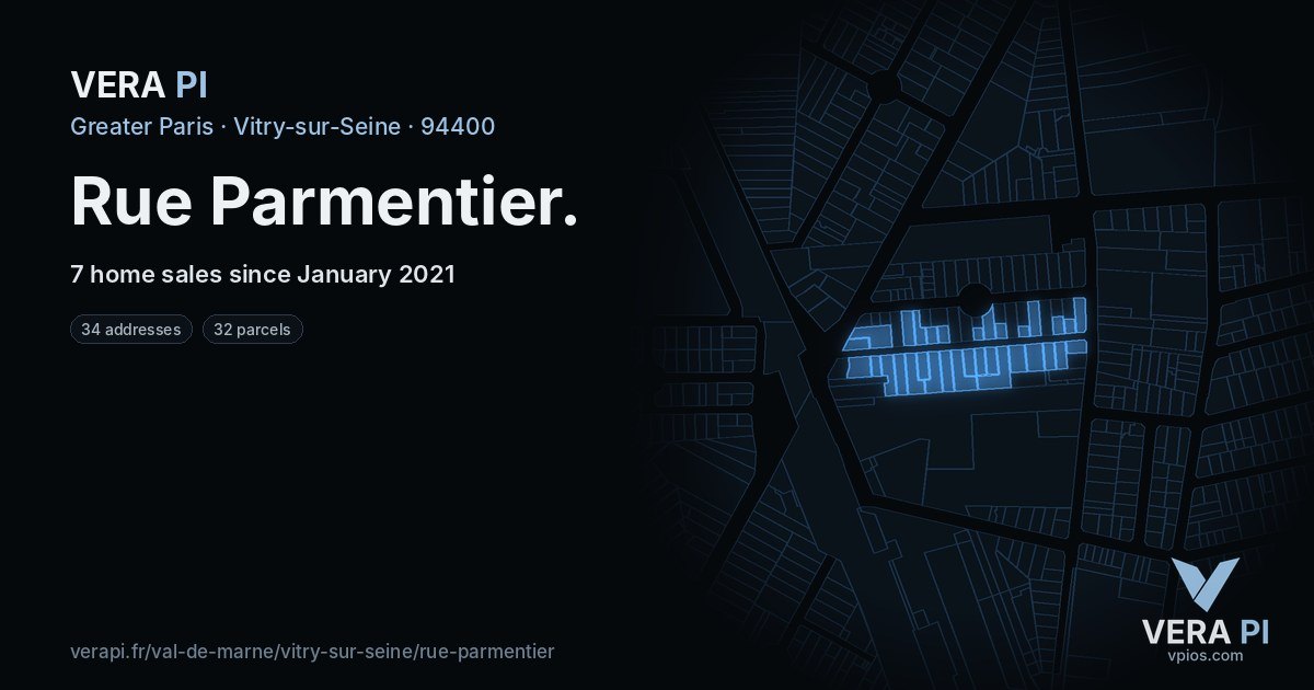 Rue Parmentier, Vitry-sur-Seine at night – every parcel coloured by the prices around it, the street's own parcels lit
