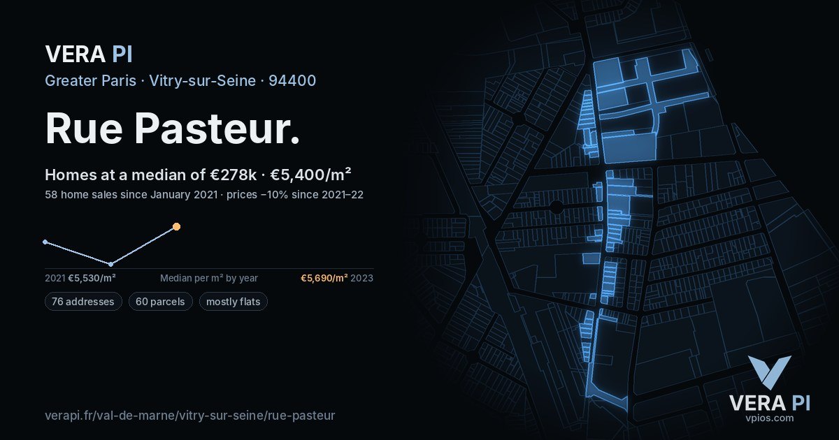 Rue Pasteur, Vitry-sur-Seine at night – every parcel coloured by the prices around it, the street's own parcels lit