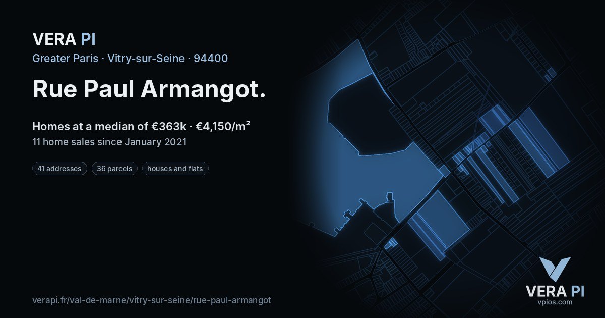 Rue Paul Armangot, Vitry-sur-Seine at night – every parcel coloured by the prices around it, the street's own parcels lit