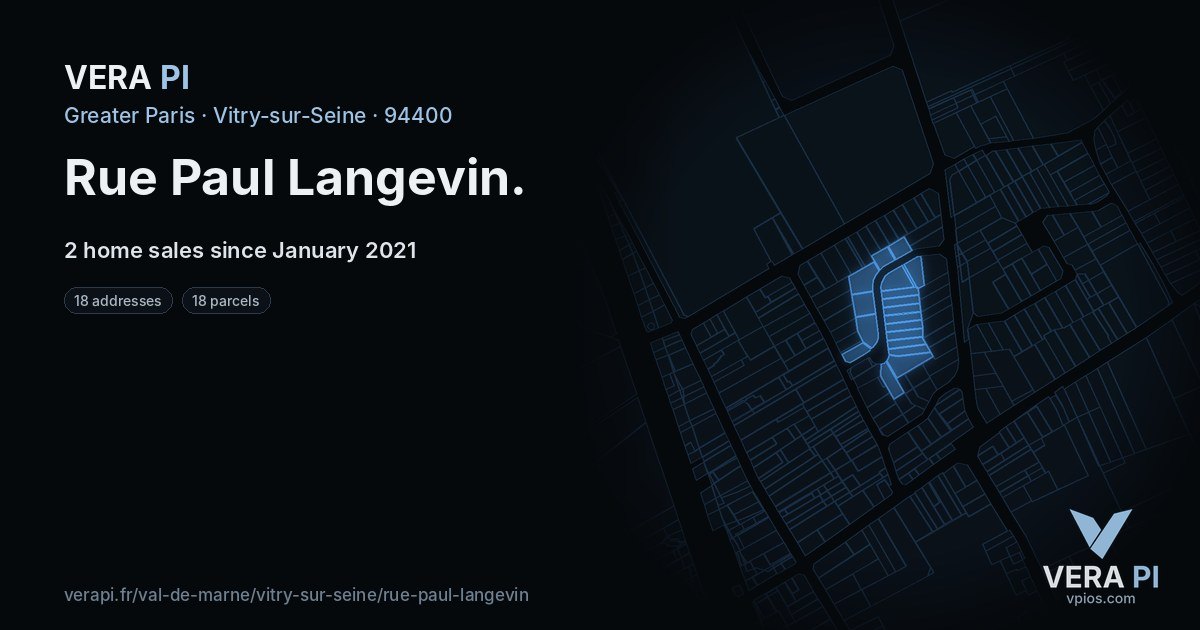 Rue Paul Langevin, Vitry-sur-Seine at night – every parcel coloured by the prices around it, the street's own parcels lit
