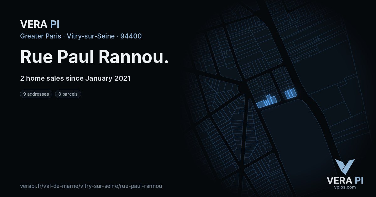 Rue Paul Rannou, Vitry-sur-Seine at night – every parcel coloured by the prices around it, the street's own parcels lit