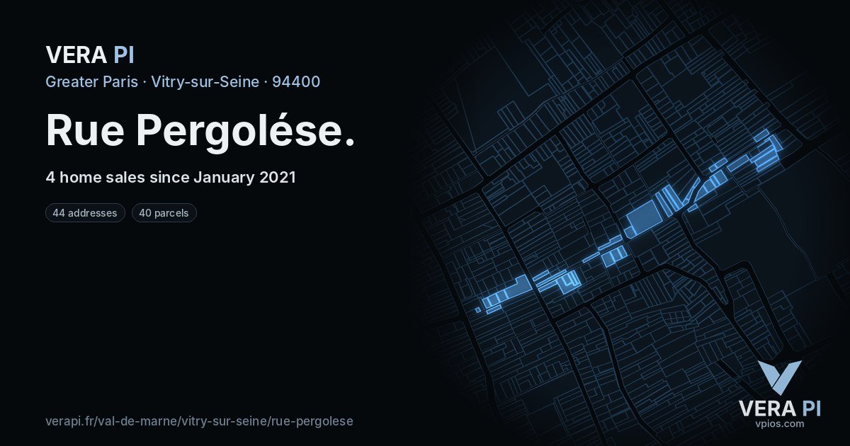 Rue Pergolése, Vitry-sur-Seine at night – every parcel coloured by the prices around it, the street's own parcels lit