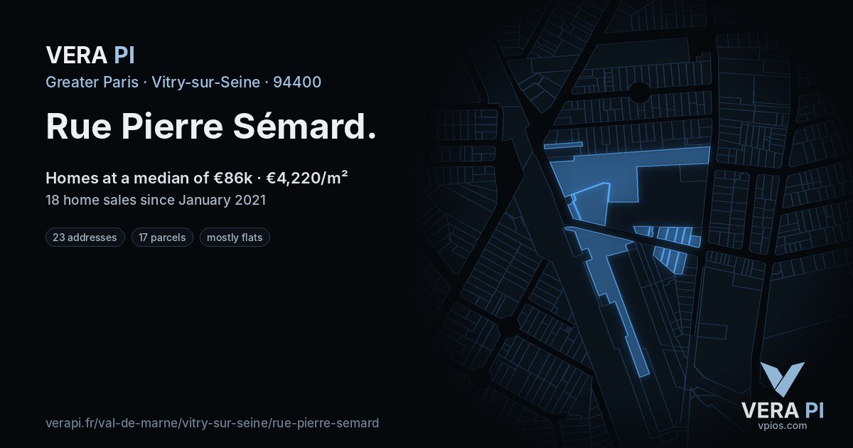 Rue Pierre Sémard, Vitry-sur-Seine at night – every parcel coloured by the prices around it, the street's own parcels lit
