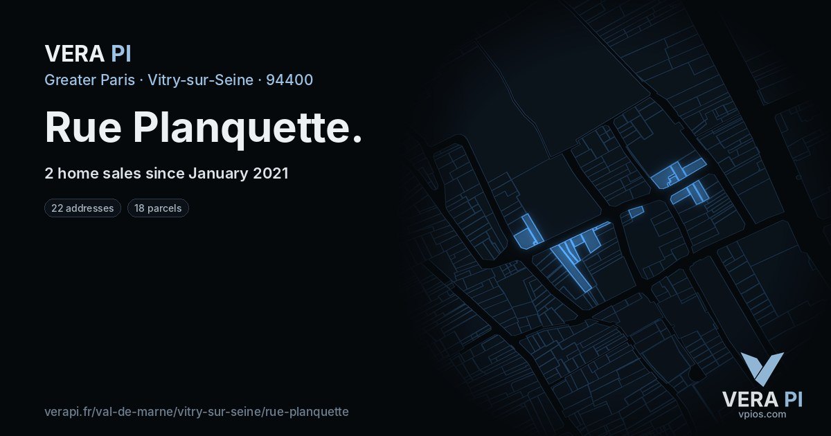 Rue Planquette, Vitry-sur-Seine at night – every parcel coloured by the prices around it, the street's own parcels lit
