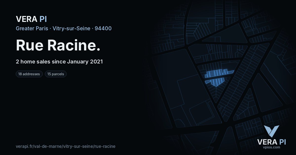 Rue Racine, Vitry-sur-Seine at night – every parcel coloured by the prices around it, the street's own parcels lit
