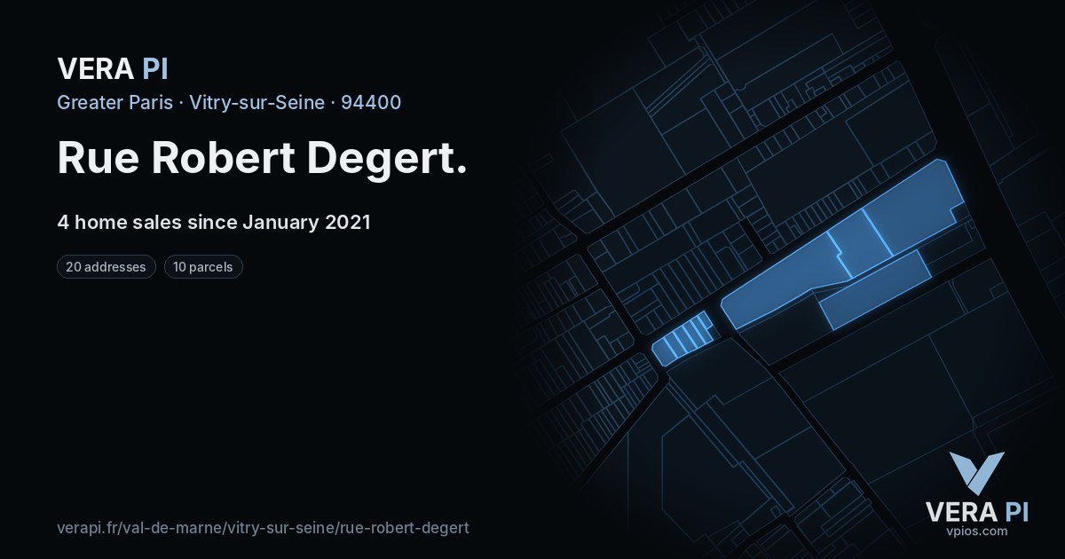 Rue Robert Degert, Vitry-sur-Seine at night – every parcel coloured by the prices around it, the street's own parcels lit