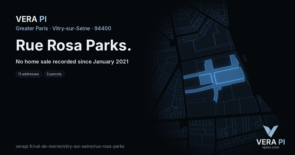 Rue Rosa Parks, Vitry-sur-Seine at night – every parcel coloured by the prices around it, the street's own parcels lit
