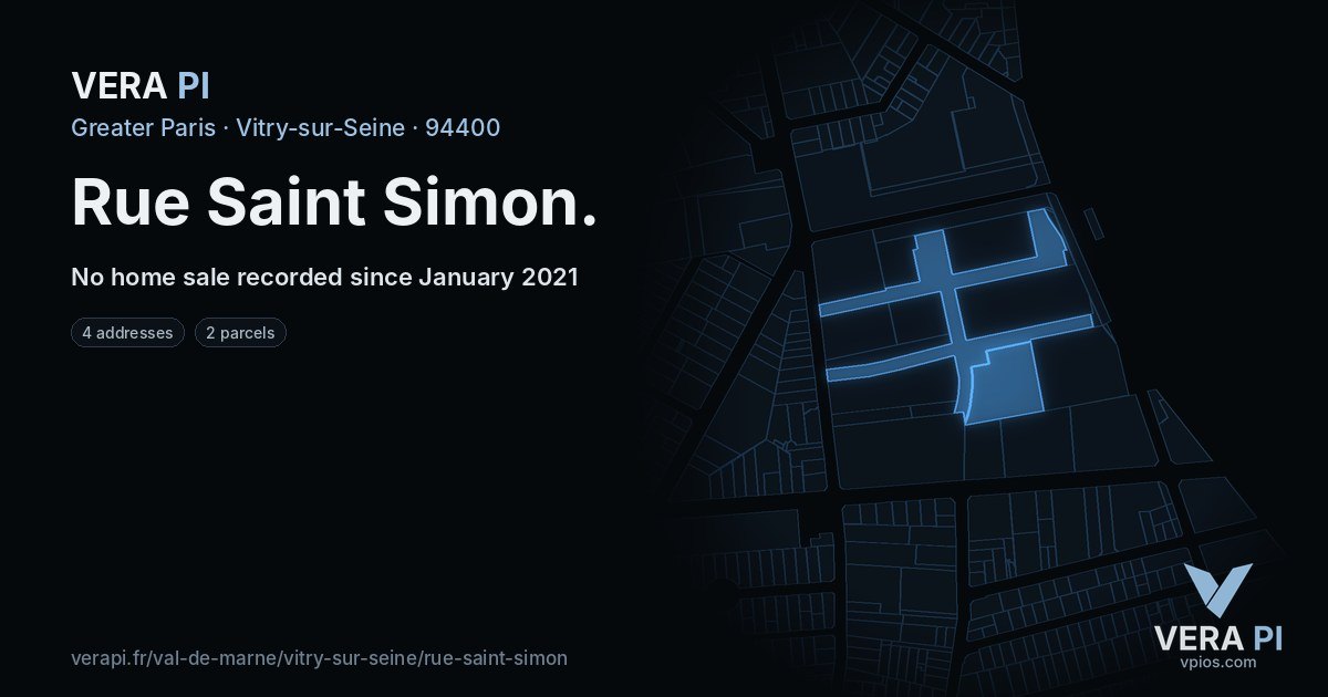 Rue Saint Simon, Vitry-sur-Seine at night – every parcel coloured by the prices around it, the street's own parcels lit