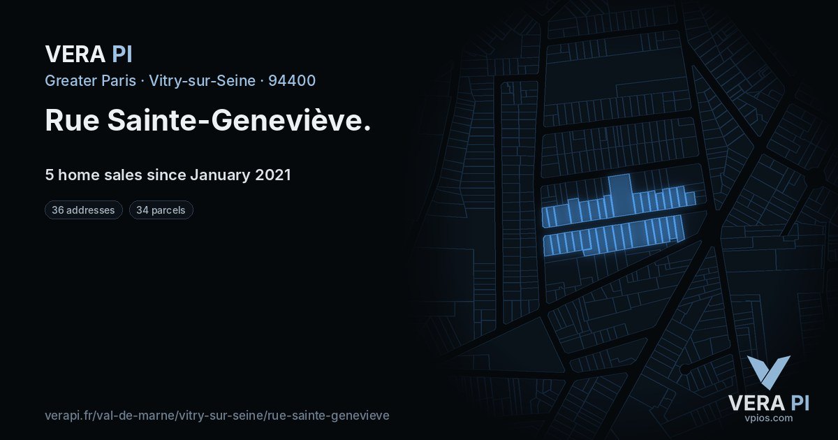 Rue Sainte-Geneviève, Vitry-sur-Seine at night – every parcel coloured by the prices around it, the street's own parcels lit