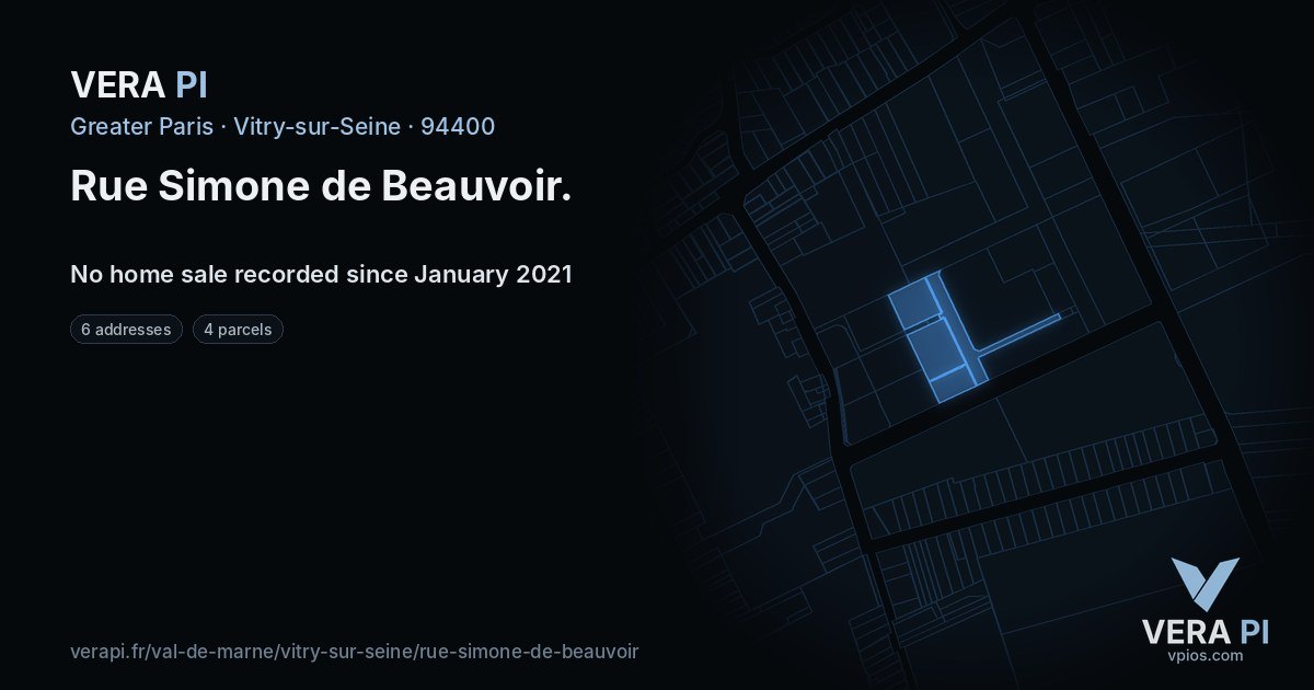 Rue Simone de Beauvoir, Vitry-sur-Seine at night – every parcel coloured by the prices around it, the street's own parcels lit