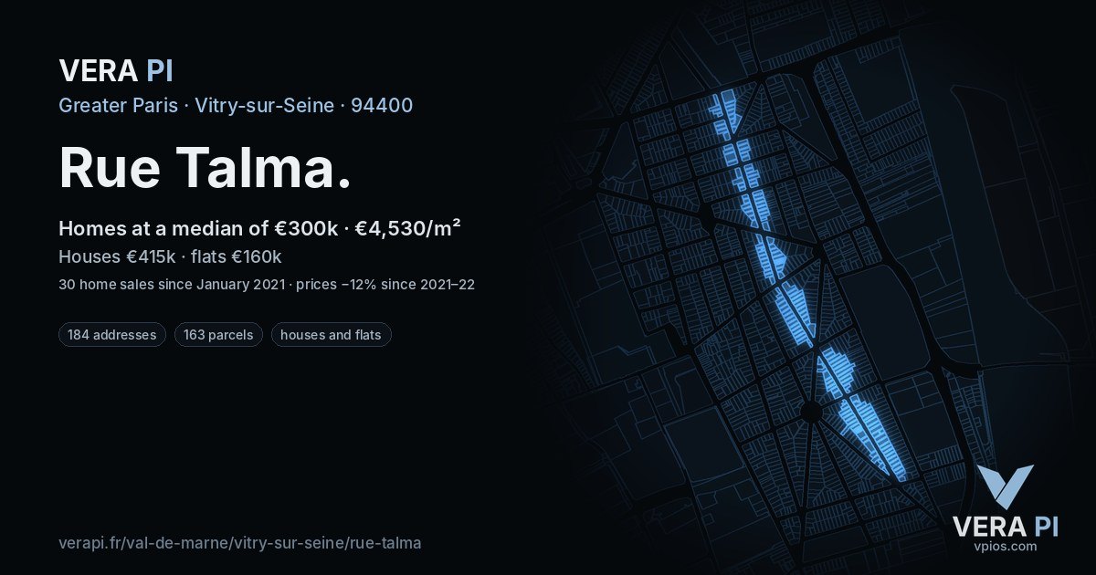 Rue Talma, Vitry-sur-Seine at night – every parcel coloured by the prices around it, the street's own parcels lit