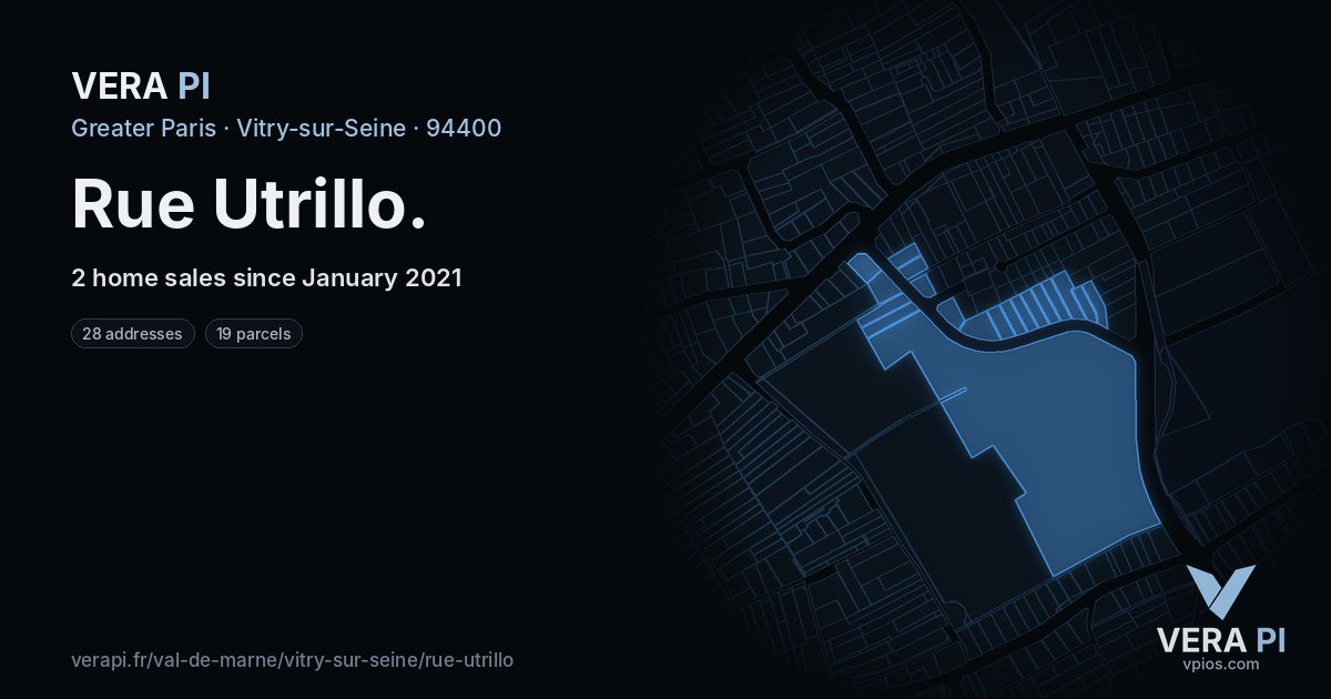 Rue Utrillo, Vitry-sur-Seine at night – every parcel coloured by the prices around it, the street's own parcels lit