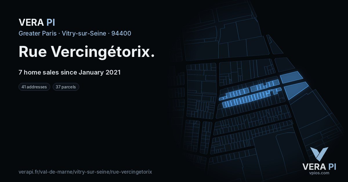 Rue Vercingétorix, Vitry-sur-Seine at night – every parcel coloured by the prices around it, the street's own parcels lit