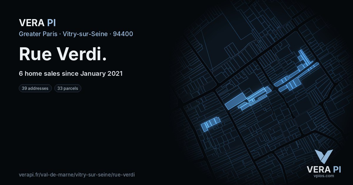 Rue Verdi, Vitry-sur-Seine at night – every parcel coloured by the prices around it, the street's own parcels lit