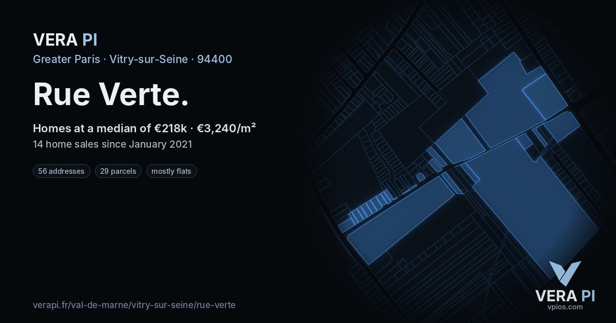 Rue Verte, Vitry-sur-Seine at night – every parcel coloured by the prices around it, the street's own parcels lit