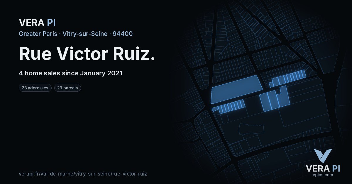 Rue Victor Ruiz, Vitry-sur-Seine at night – every parcel coloured by the prices around it, the street's own parcels lit