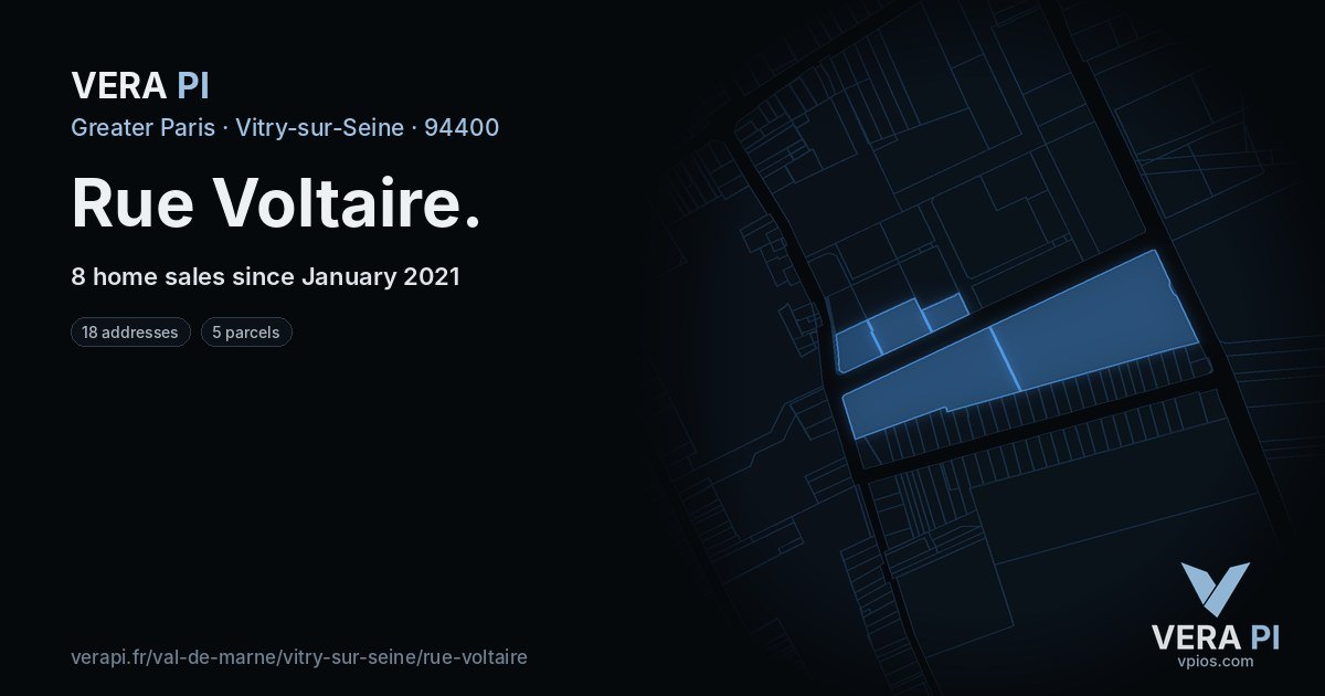 Rue Voltaire, Vitry-sur-Seine at night – every parcel coloured by the prices around it, the street's own parcels lit