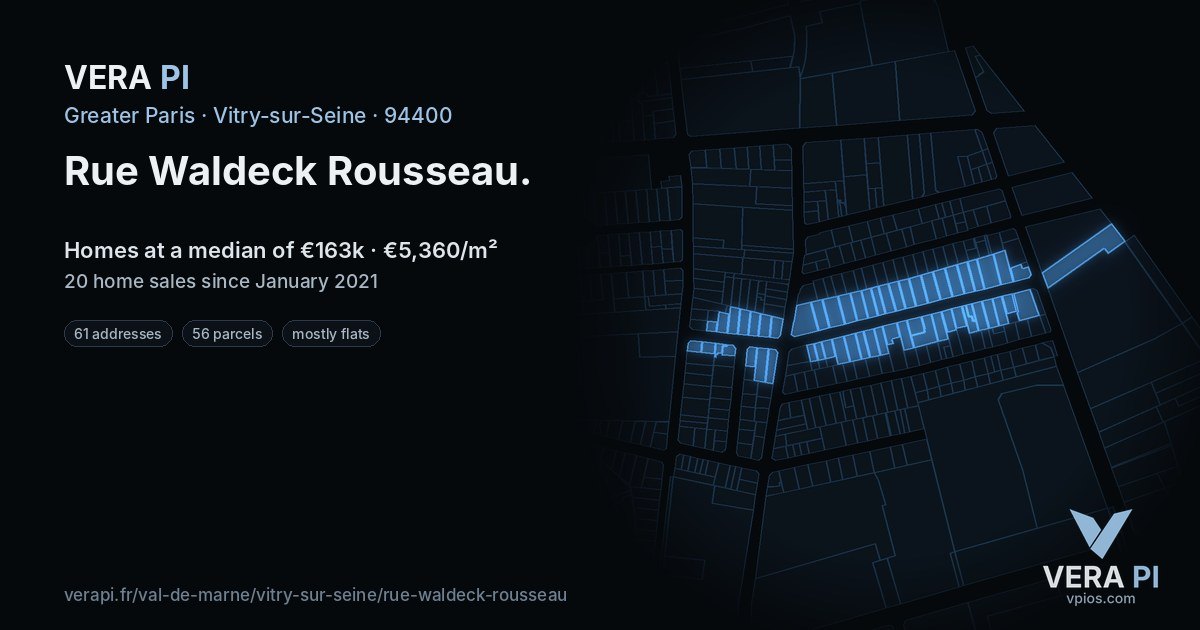Rue Waldeck Rousseau, Vitry-sur-Seine at night – every parcel coloured by the prices around it, the street's own parcels lit
