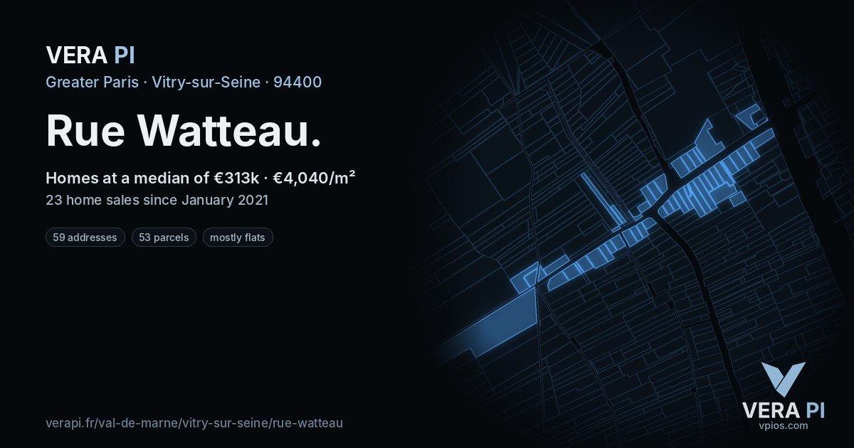 Rue Watteau, Vitry-sur-Seine at night – every parcel coloured by the prices around it, the street's own parcels lit