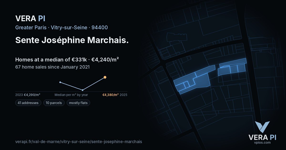 Sente Joséphine Marchais, Vitry-sur-Seine at night – every parcel coloured by the prices around it, the street's own parcels lit