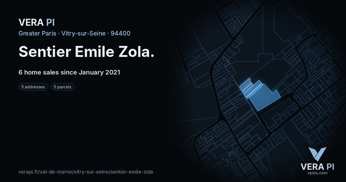 Sentier Emile Zola, Vitry-sur-Seine at night – every parcel coloured by the prices around it, the street's own parcels lit