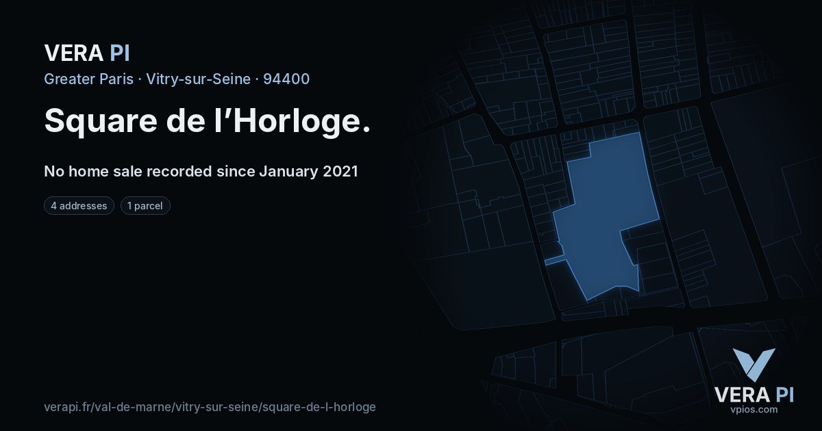 Square de l’Horloge, Vitry-sur-Seine at night – every parcel coloured by the prices around it, the street's own parcels lit