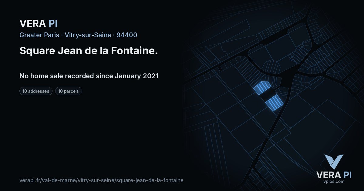 Square Jean de la Fontaine, Vitry-sur-Seine at night – every parcel coloured by the prices around it, the street's own parcels lit