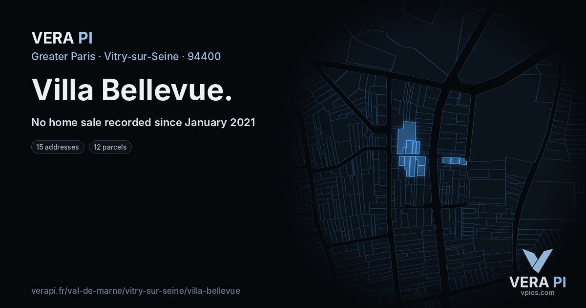 Villa Bellevue, Vitry-sur-Seine at night – every parcel coloured by the prices around it, the street's own parcels lit