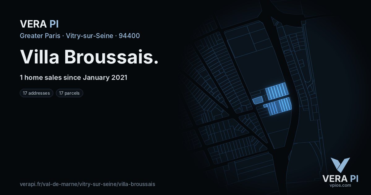 Villa Broussais, Vitry-sur-Seine at night – every parcel coloured by the prices around it, the street's own parcels lit
