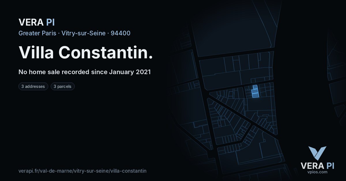 Villa Constantin, Vitry-sur-Seine at night – every parcel coloured by the prices around it, the street's own parcels lit