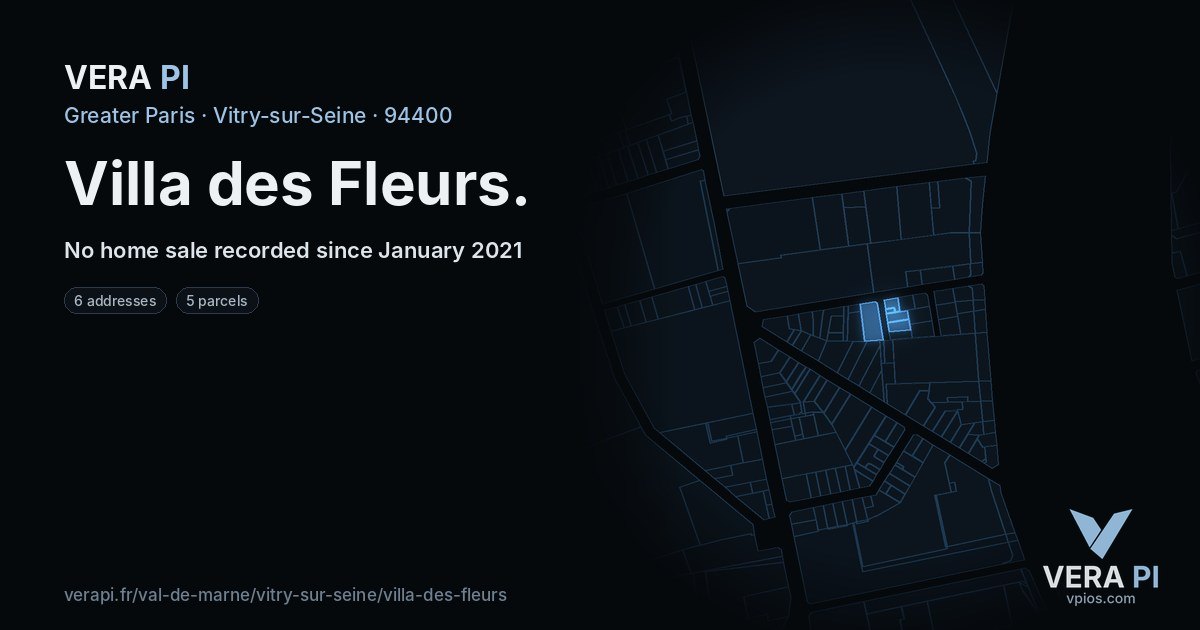 Villa des Fleurs, Vitry-sur-Seine at night – every parcel coloured by the prices around it, the street's own parcels lit