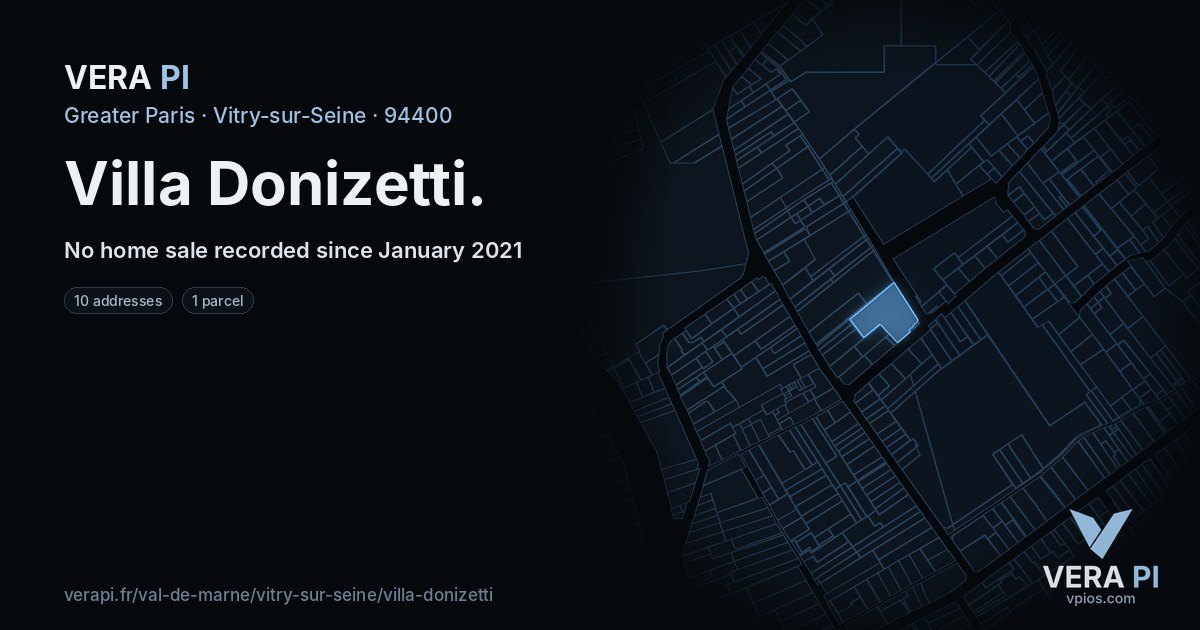 Villa Donizetti, Vitry-sur-Seine at night – every parcel coloured by the prices around it, the street's own parcels lit