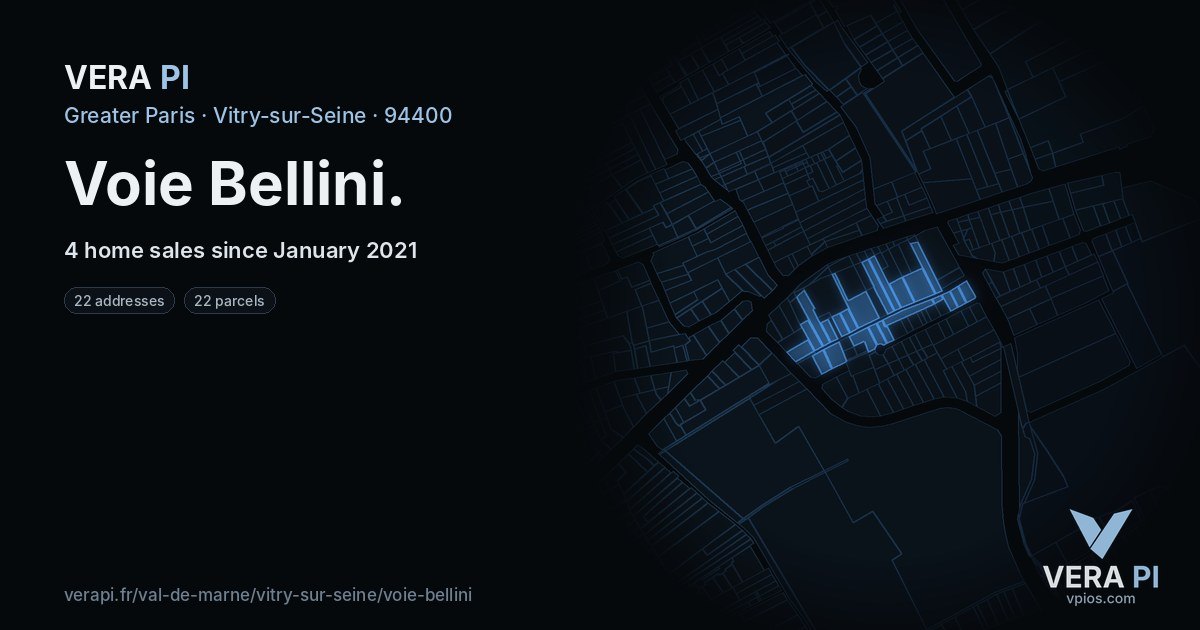 Voie Bellini, Vitry-sur-Seine at night – every parcel coloured by the prices around it, the street's own parcels lit