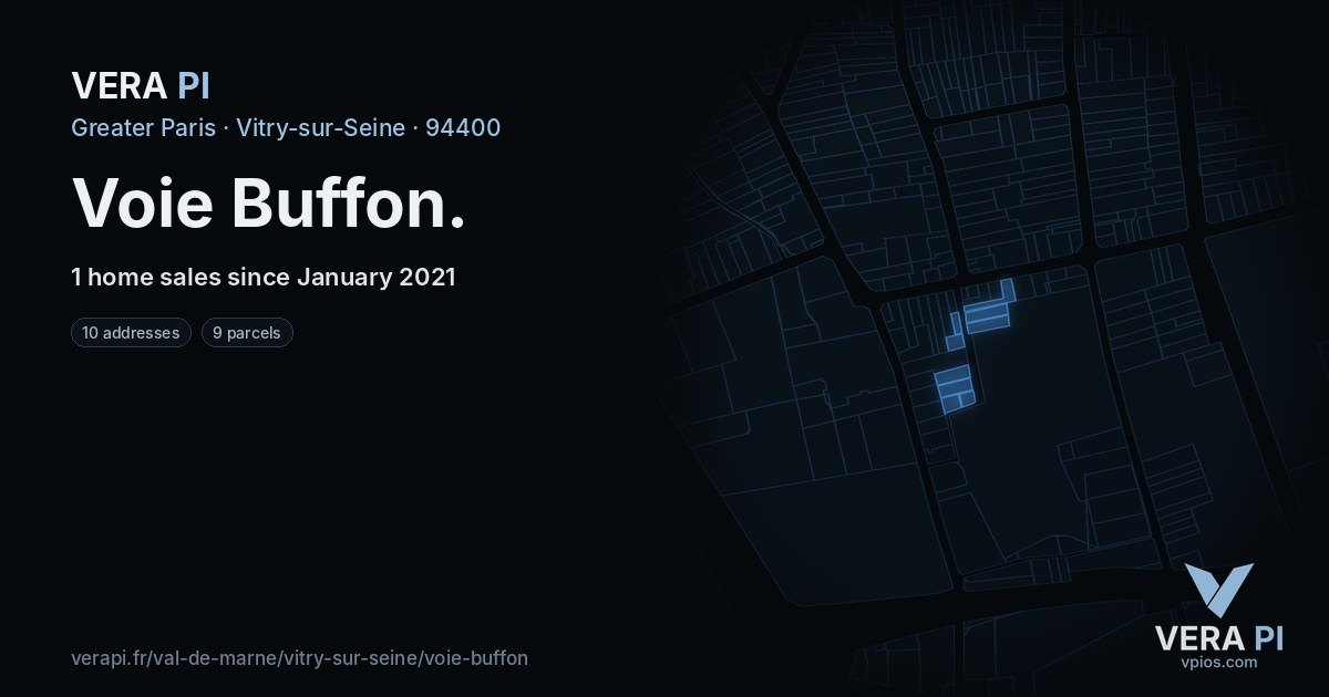Voie Buffon, Vitry-sur-Seine at night – every parcel coloured by the prices around it, the street's own parcels lit
