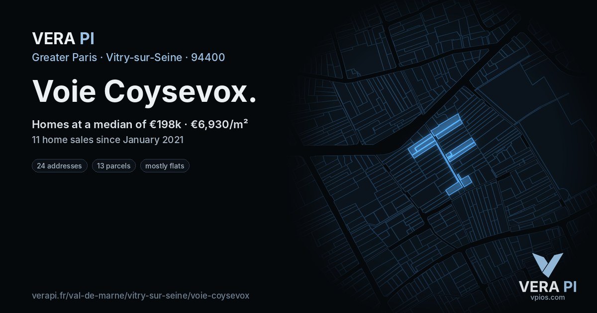 Voie Coysevox, Vitry-sur-Seine at night – every parcel coloured by the prices around it, the street's own parcels lit