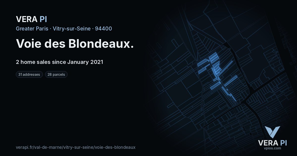 Voie des Blondeaux, Vitry-sur-Seine at night – every parcel coloured by the prices around it, the street's own parcels lit