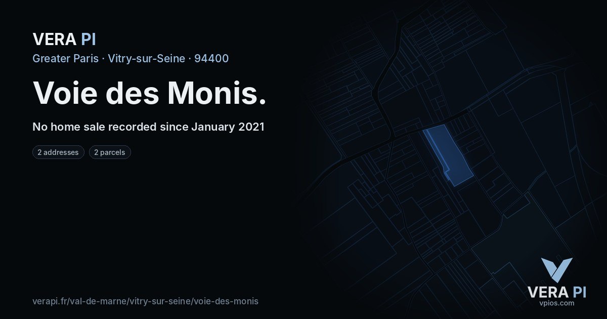 Voie des Monis, Vitry-sur-Seine at night – every parcel coloured by the prices around it, the street's own parcels lit