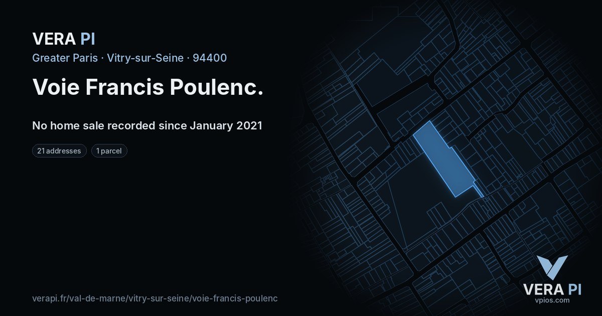 Voie Francis Poulenc, Vitry-sur-Seine at night – every parcel coloured by the prices around it, the street's own parcels lit