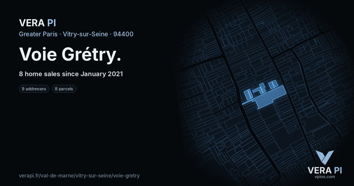 Voie Grétry, Vitry-sur-Seine at night – every parcel coloured by the prices around it, the street's own parcels lit