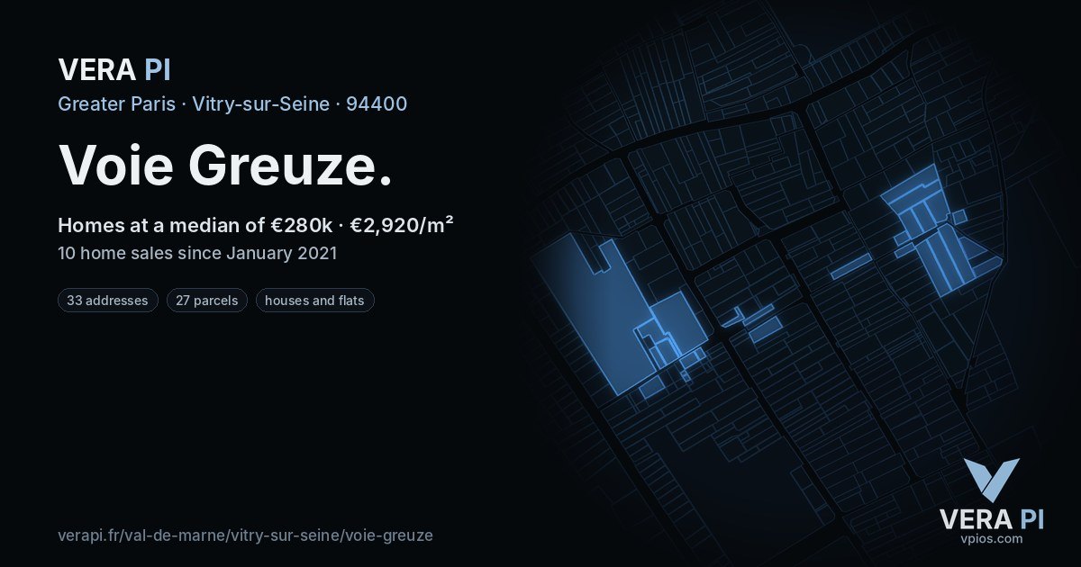 Voie Greuze, Vitry-sur-Seine at night – every parcel coloured by the prices around it, the street's own parcels lit
