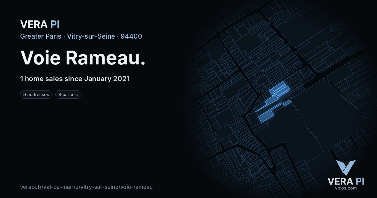 Voie Rameau, Vitry-sur-Seine at night – every parcel coloured by the prices around it, the street's own parcels lit