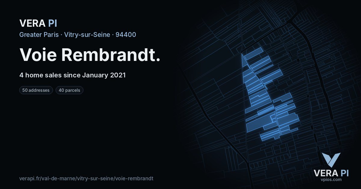 Voie Rembrandt, Vitry-sur-Seine at night – every parcel coloured by the prices around it, the street's own parcels lit