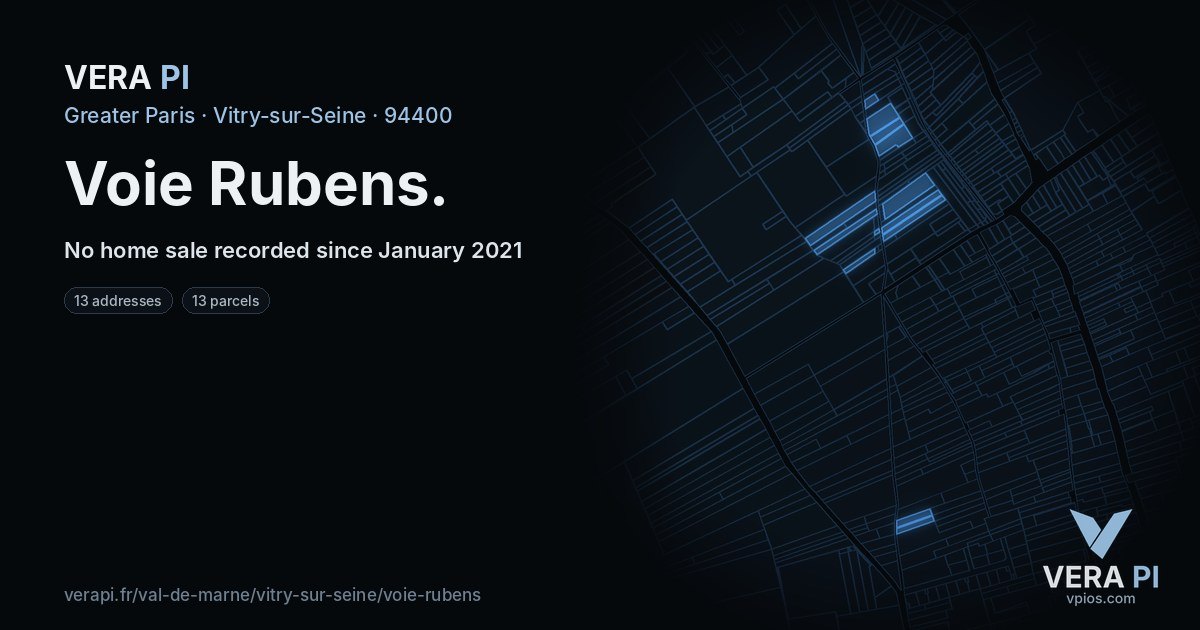 Voie Rubens, Vitry-sur-Seine at night – every parcel coloured by the prices around it, the street's own parcels lit