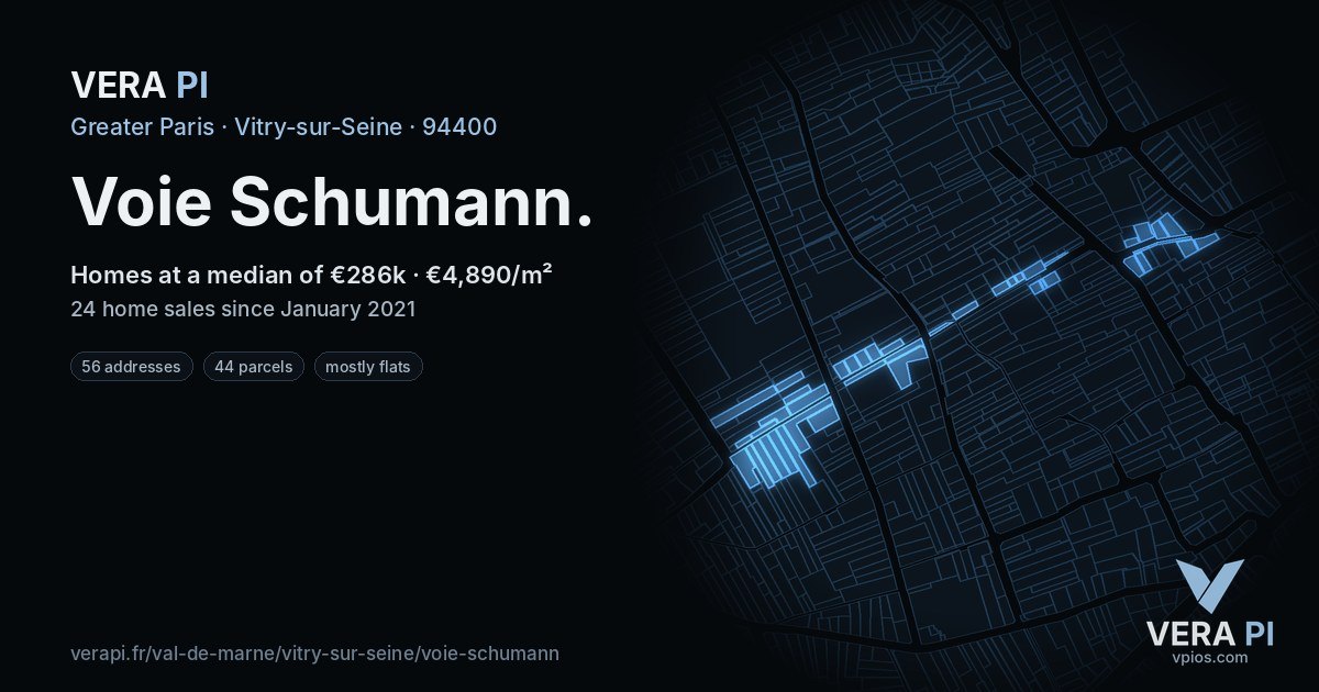 Voie Schumann, Vitry-sur-Seine at night – every parcel coloured by the prices around it, the street's own parcels lit